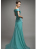 Off Shoulder Beaded Teal Chiffon Pleated Chic Evening Dress